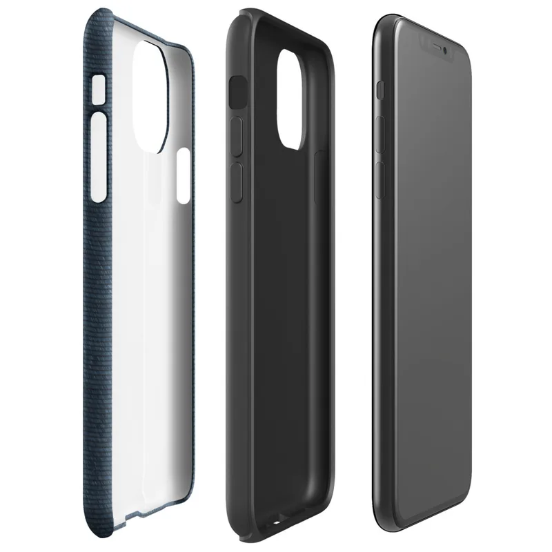 seamless horizontal woven fabric texture in deep navy and slate indigo tones with subtle tonal variation on Glossy Deep Navy Textile Tough Case for iPhone - default view