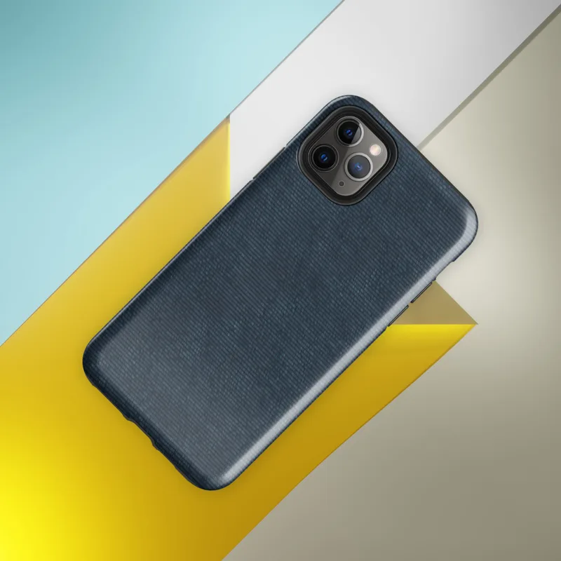 seamless horizontal woven fabric texture in deep navy and slate indigo tones with subtle tonal variation on Glossy Deep Navy Textile Tough Case for iPhone - default view
