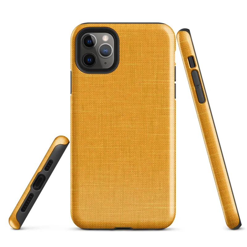 close-up woven linen fabric texture in warm golden amber and saffron tones with subtle thread detail on Glossy Golden Linen Texture Tough Case for iPhone - default view