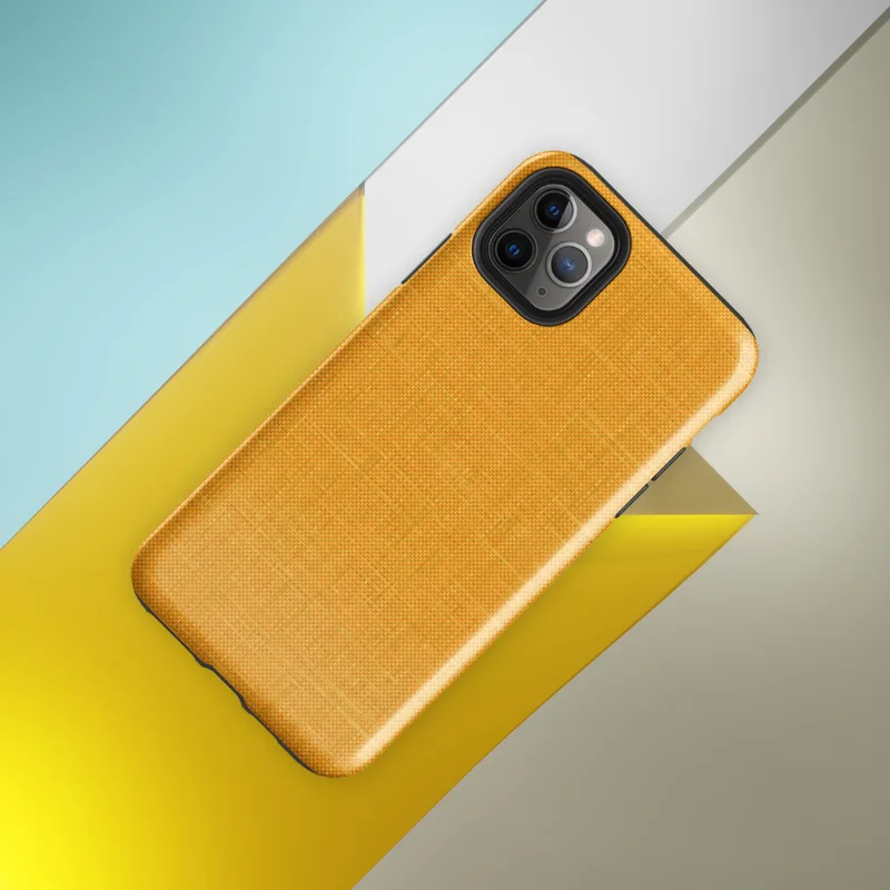 close-up woven linen fabric texture in warm golden amber and saffron tones with subtle thread detail on Glossy Golden Linen Texture Tough Case for iPhone - default view