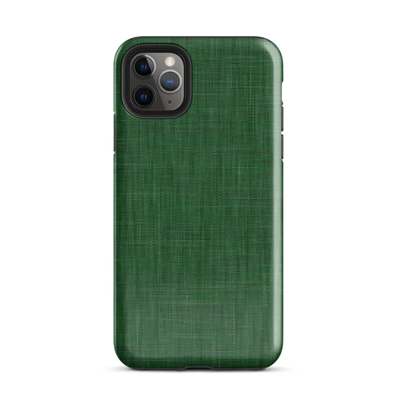 woven linen fabric texture in deep forest green with subtle crosshatch thread variations and tonal depth on Glossy Forest Green Linen Texture Tough Case for iPhone - default view