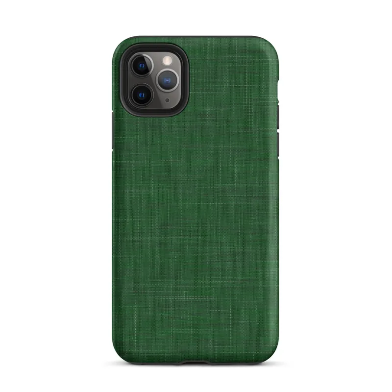 woven linen fabric texture in deep forest green with subtle crosshatch thread variations and tonal depth on Matte Forest Green Linen Texture Tough Case for iPhone - default view
