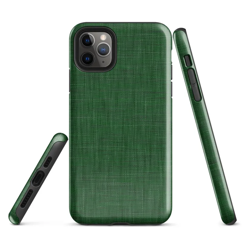 woven linen fabric texture in deep forest green with subtle crosshatch thread variations and tonal depth on Glossy Forest Green Linen Texture Tough Case for iPhone - default view