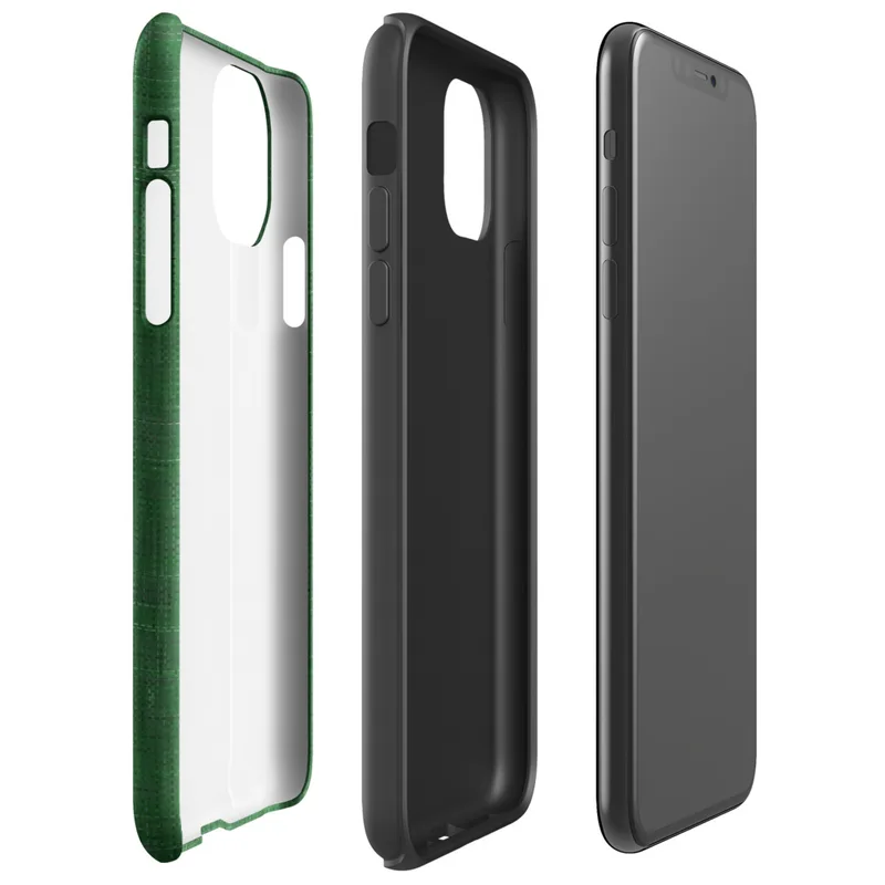 woven linen fabric texture in deep forest green with subtle crosshatch thread variations and tonal depth on Glossy Forest Green Linen Texture Tough Case for iPhone - default view
