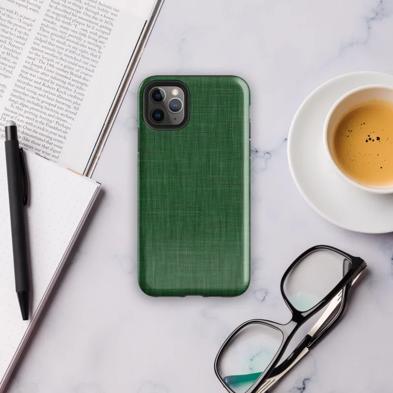 woven linen fabric texture in deep forest green with subtle crosshatch thread variations and tonal depth on Glossy Forest Green Linen Texture Tough Case for iPhone - default view