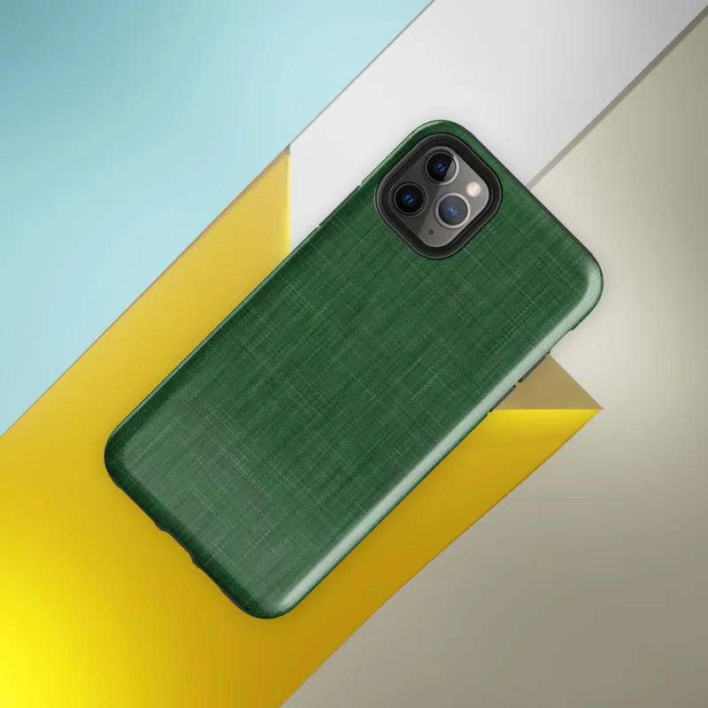woven linen fabric texture in deep forest green with subtle crosshatch thread variations and tonal depth on Glossy Forest Green Linen Texture Tough Case for iPhone - default view