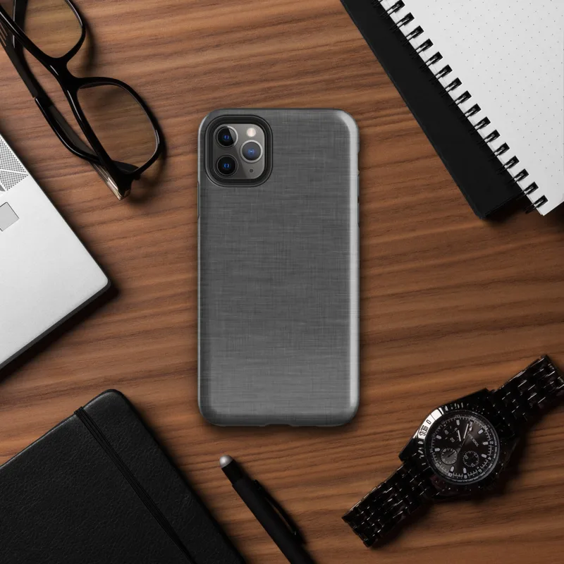 close-up woven linen fabric texture in charcoal grey with natural thread variation and soft creases on Glossy Charcoal Linen Texture Tough Case for iPhone - default view