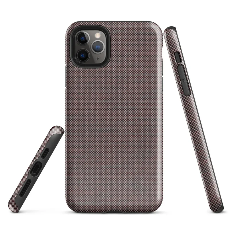 fine dark checkerboard weave pattern in deep charcoal and muted burgundy tones on a near-solid dark background on Glossy Dark Woven Texture Classic Tough Case for iPhone - default view