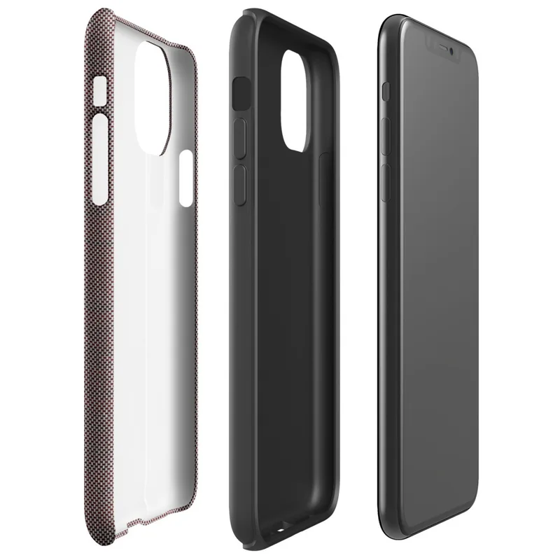 fine dark checkerboard weave pattern in deep charcoal and muted burgundy tones on a near-solid dark background on Glossy Dark Woven Texture Classic Tough Case for iPhone - default view