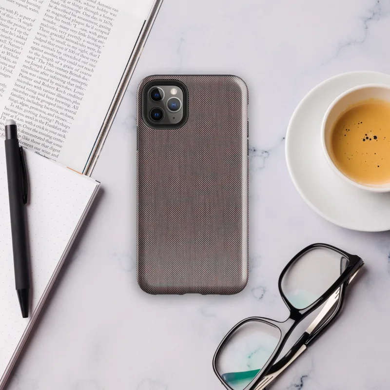 fine dark checkerboard weave pattern in deep charcoal and muted burgundy tones on a near-solid dark background on Glossy Dark Woven Texture Classic Tough Case for iPhone - default view
