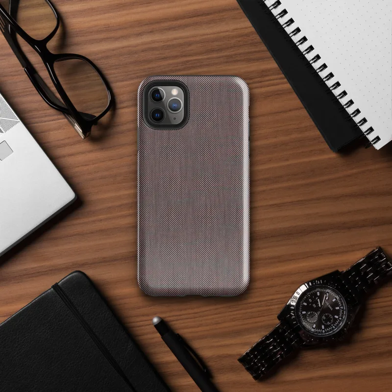 fine dark checkerboard weave pattern in deep charcoal and muted burgundy tones on a near-solid dark background on Glossy Dark Woven Texture Classic Tough Case for iPhone - default view