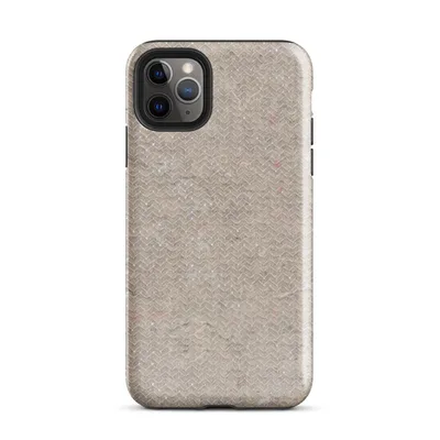 seamless woven linen texture in warm beige with fine chevron pattern and scattered organic fiber flecks in muted tones on Glossy Raw Linen Texture Tough Case for iPhone - default view