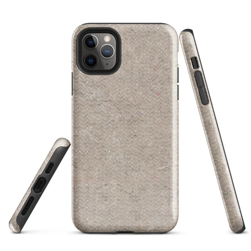 seamless woven linen texture in warm beige with fine chevron pattern and scattered organic fiber flecks in muted tones on Glossy Raw Linen Texture Tough Case for iPhone - default view