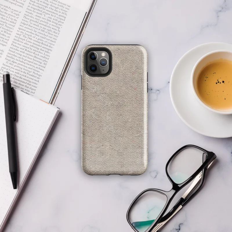seamless woven linen texture in warm beige with fine chevron pattern and scattered organic fiber flecks in muted tones on Glossy Raw Linen Texture Tough Case for iPhone - default view