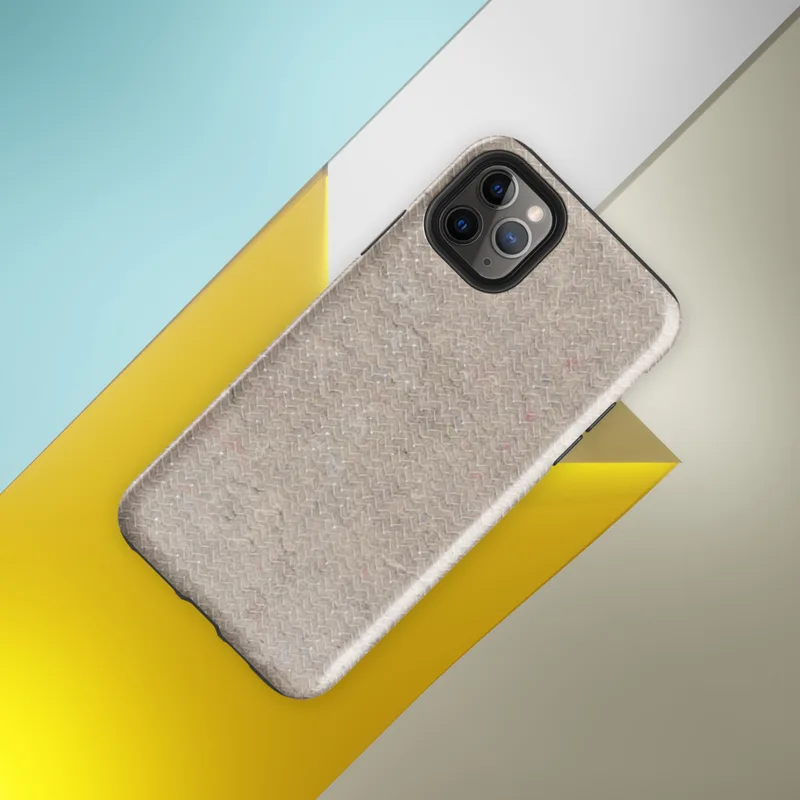 seamless woven linen texture in warm beige with fine chevron pattern and scattered organic fiber flecks in muted tones on Glossy Raw Linen Texture Tough Case for iPhone - default view