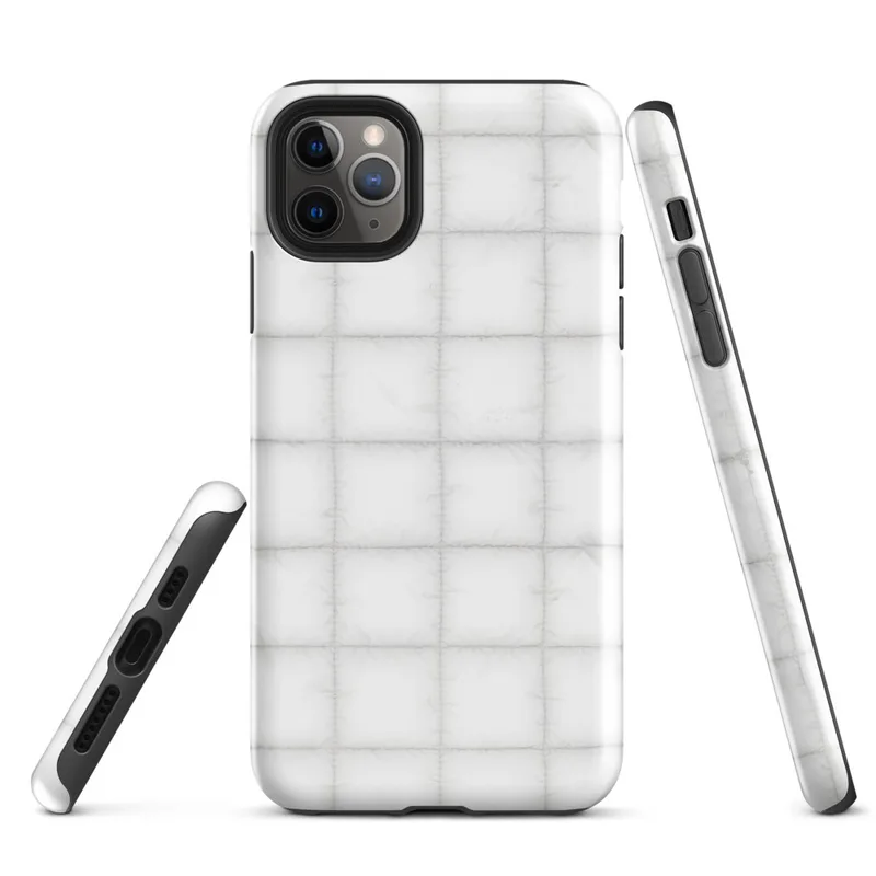 soft white quilted grid pattern with puffed squares and subtle stitched seams on a pale background on Glossy Cloud White Quilted Texture Tough Case for iPhone - default view