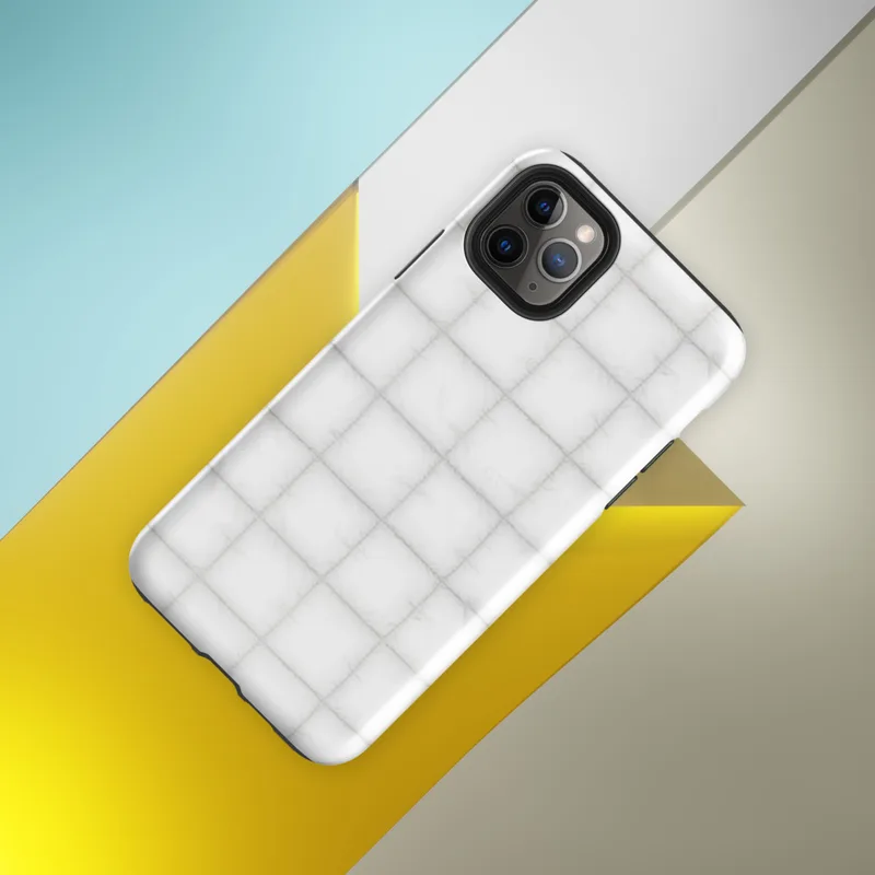 soft white quilted grid pattern with puffed squares and subtle stitched seams on a pale background on Glossy Cloud White Quilted Texture Tough Case for iPhone - default view