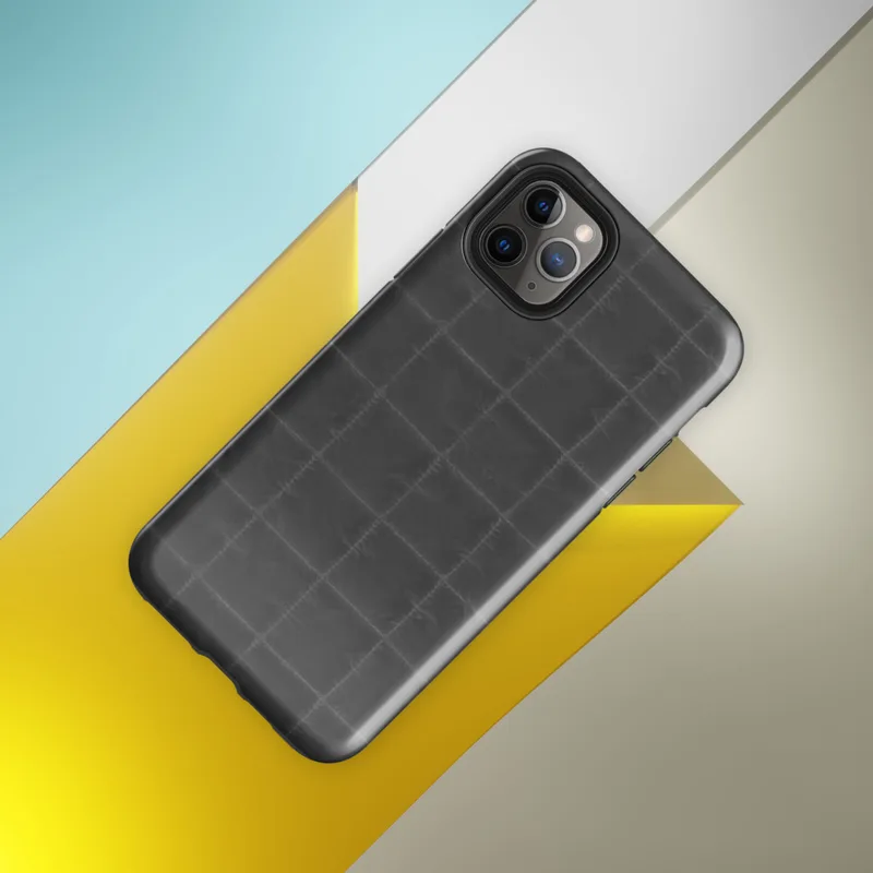 repeating dark charcoal quilted square grid pattern with faint stitched seams and subtle fabric-like texture on Glossy Dark Quilted Grid Tough Case for iPhone - default view