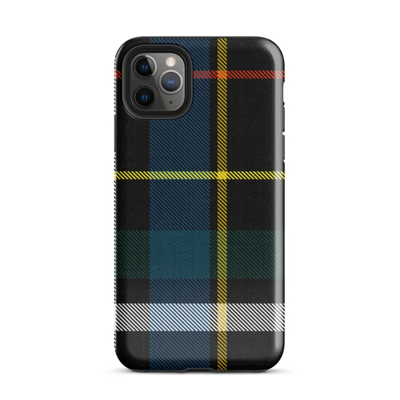classic Scottish tartan plaid pattern on black with stripes of cobalt blue, golden yellow, crimson red, forest green, and white on Glossy Highland Bold Tartan Tough Case for iPhone - default view