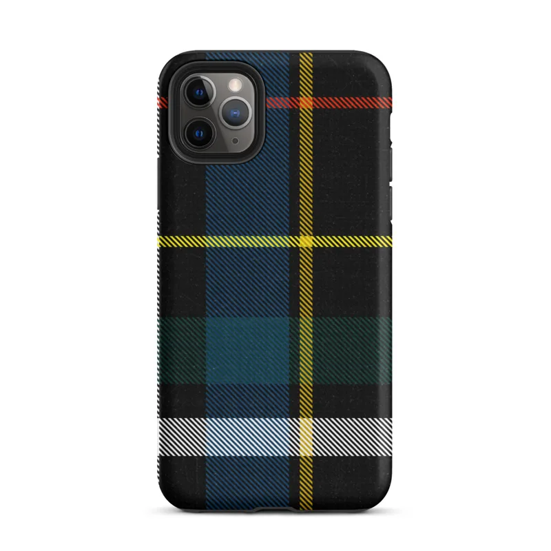 classic Scottish tartan plaid pattern on black with stripes of cobalt blue, golden yellow, crimson red, forest green, and white on Matte Highland Bold Tartan Tough Case for iPhone - default view
