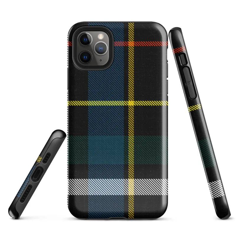 classic Scottish tartan plaid pattern on black with stripes of cobalt blue, golden yellow, crimson red, forest green, and white on Glossy Highland Bold Tartan Tough Case for iPhone - default view