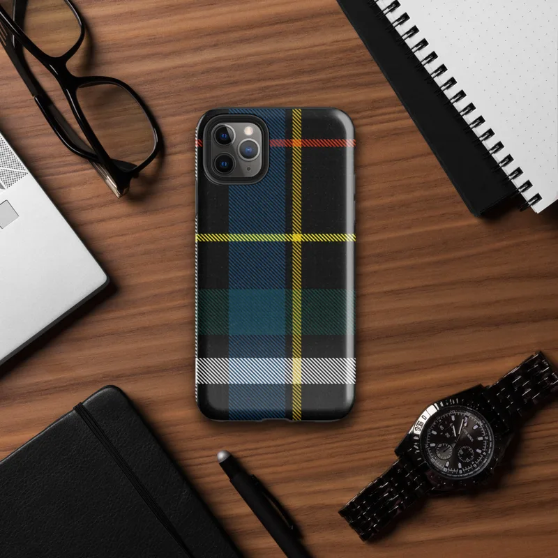 classic Scottish tartan plaid pattern on black with stripes of cobalt blue, golden yellow, crimson red, forest green, and white on Glossy Highland Bold Tartan Tough Case for iPhone - default view