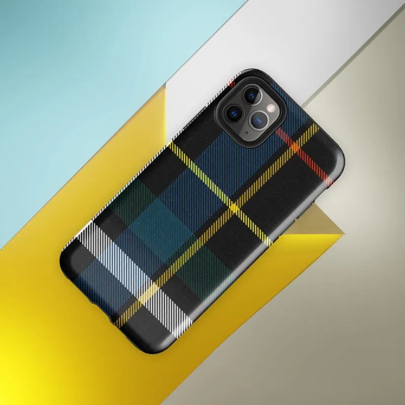 classic Scottish tartan plaid pattern on black with stripes of cobalt blue, golden yellow, crimson red, forest green, and white on Glossy Highland Bold Tartan Tough Case for iPhone - default view