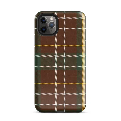 classic tartan plaid pattern in deep burgundy red and hunter green with intersecting white and golden yellow stripes on woven textile texture on Glossy Highland Plaid Tough Case for iPhone - default view