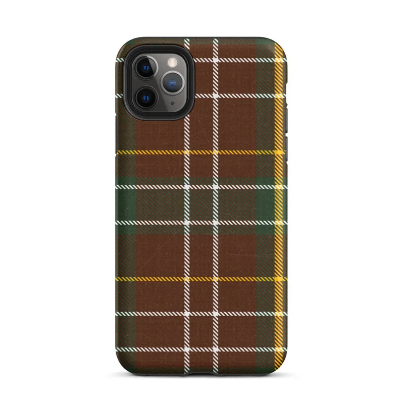 classic tartan plaid pattern in deep burgundy red and hunter green with intersecting white and golden yellow stripes on woven textile texture on Matte Highland Plaid Tough Case for iPhone - default view