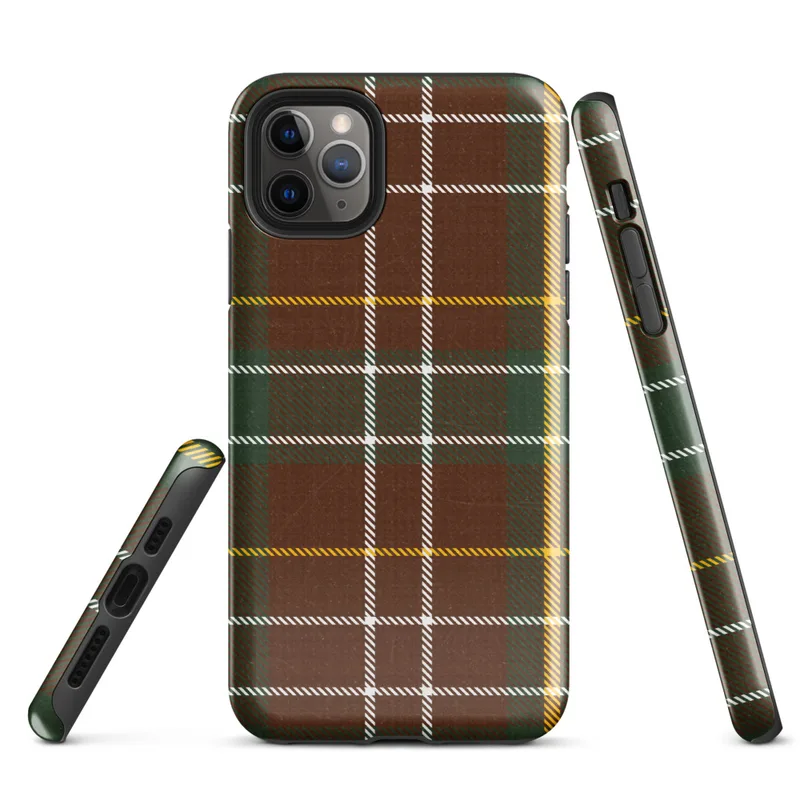 classic tartan plaid pattern in deep burgundy red and hunter green with intersecting white and golden yellow stripes on woven textile texture on Glossy Highland Plaid Tough Case for iPhone - default view