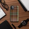 classic tartan plaid pattern in deep burgundy red and hunter green with intersecting white and golden yellow stripes on woven textile texture on Glossy Highland Plaid Tough Case for iPhone - default view