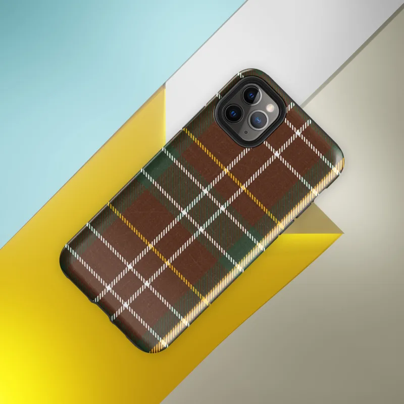 classic tartan plaid pattern in deep burgundy red and hunter green with intersecting white and golden yellow stripes on woven textile texture on Glossy Highland Plaid Tough Case for iPhone - default view