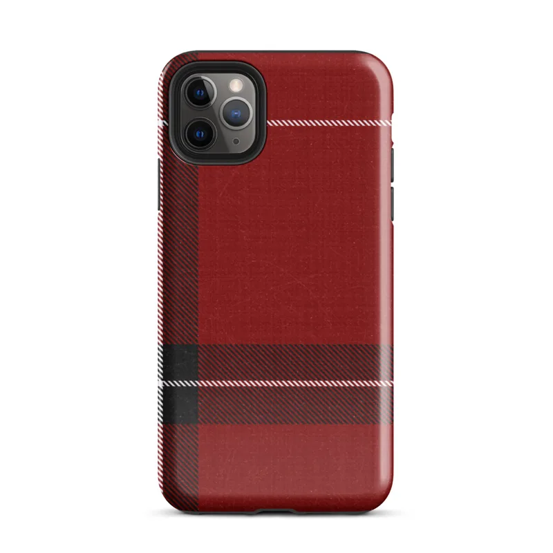 classic red tartan plaid with bold black bands and white pinstripes on a textured crimson background on Glossy Highland Red Plaid Tough Case for iPhone - default view