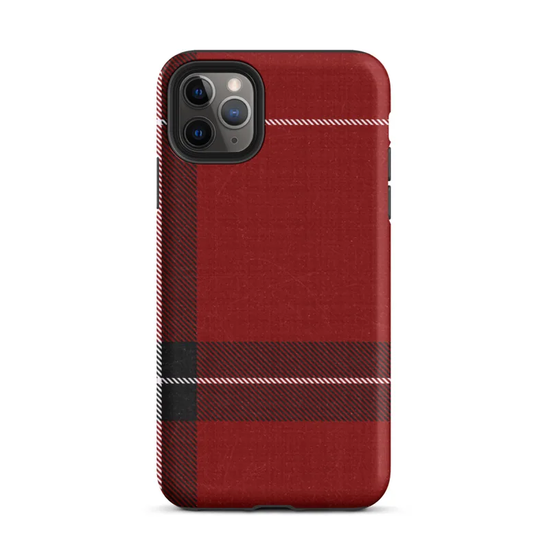 classic red tartan plaid with bold black bands and white pinstripes on a textured crimson background on Matte Highland Red Plaid Tough Case for iPhone - default view