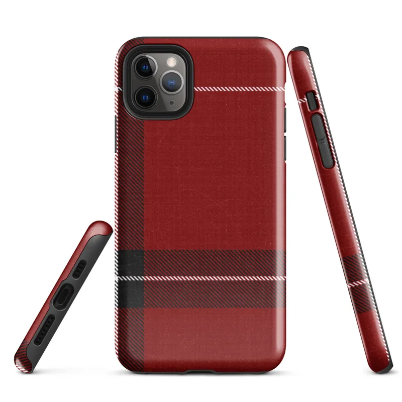 classic red tartan plaid with bold black bands and white pinstripes on a textured crimson background on Glossy Highland Red Plaid Tough Case for iPhone - default view