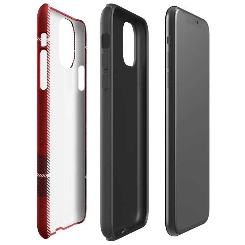 classic red tartan plaid with bold black bands and white pinstripes on a textured crimson background on Glossy Highland Red Plaid Tough Case for iPhone - default view