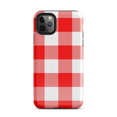bold red and white large-scale gingham check pattern with woven textile texture on Glossy Classic Red Gingham Tough Case for iPhone - default view