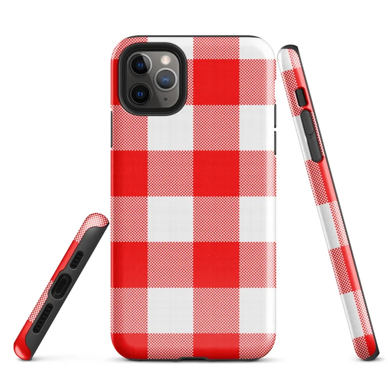 bold red and white large-scale gingham check pattern with woven textile texture on Glossy Classic Red Gingham Tough Case for iPhone - default view