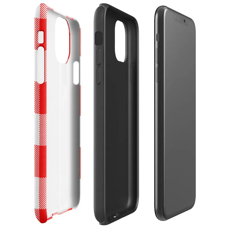bold red and white large-scale gingham check pattern with woven textile texture on Glossy Classic Red Gingham Tough Case for iPhone - default view