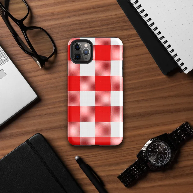 bold red and white large-scale gingham check pattern with woven textile texture on Glossy Classic Red Gingham Tough Case for iPhone - default view