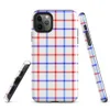 red white and blue gingham plaid pattern with diagonal stripe detailing at grid intersections on white background on Glossy Red White Blue Plaid Tough Case for iPhone - default view