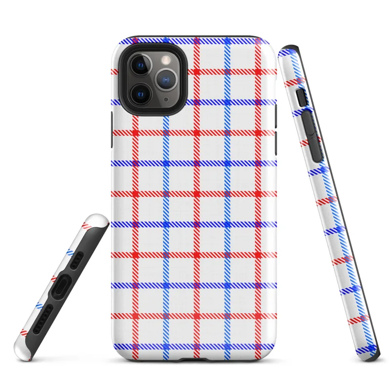red white and blue gingham plaid pattern with diagonal stripe detailing at grid intersections on white background on Glossy Red White Blue Plaid Tough Case for iPhone - default view
