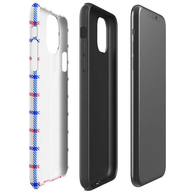 red white and blue gingham plaid pattern with diagonal stripe detailing at grid intersections on white background on Glossy Red White Blue Plaid Tough Case for iPhone - default view