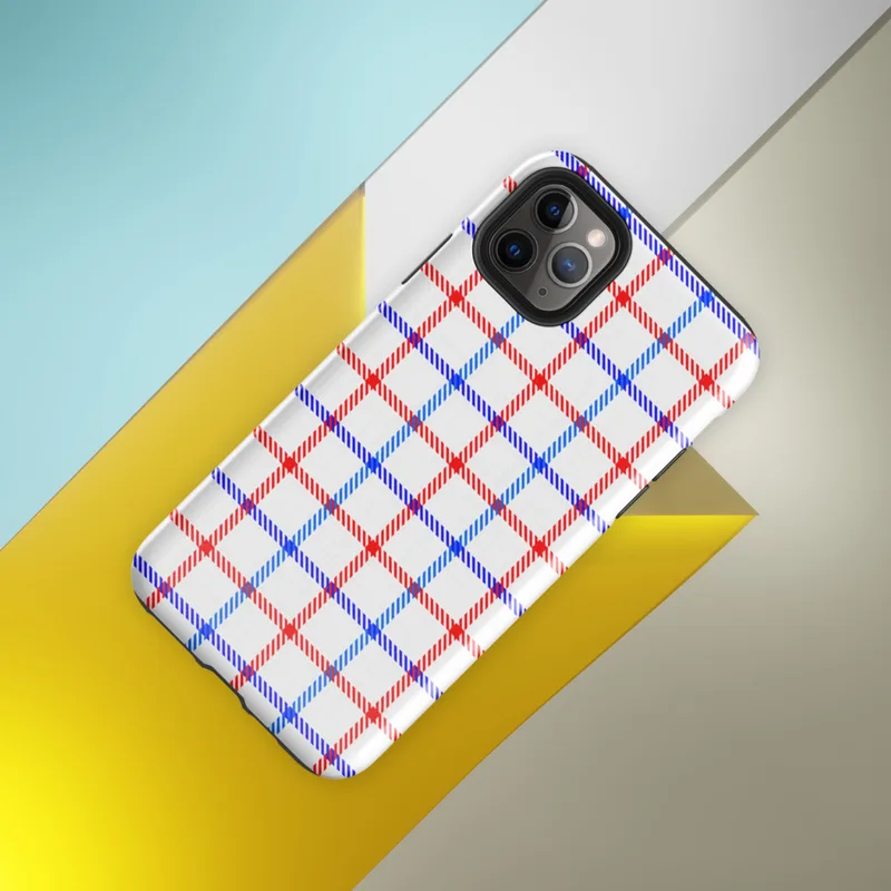 red white and blue gingham plaid pattern with diagonal stripe detailing at grid intersections on white background on Glossy Red White Blue Plaid Tough Case for iPhone - default view