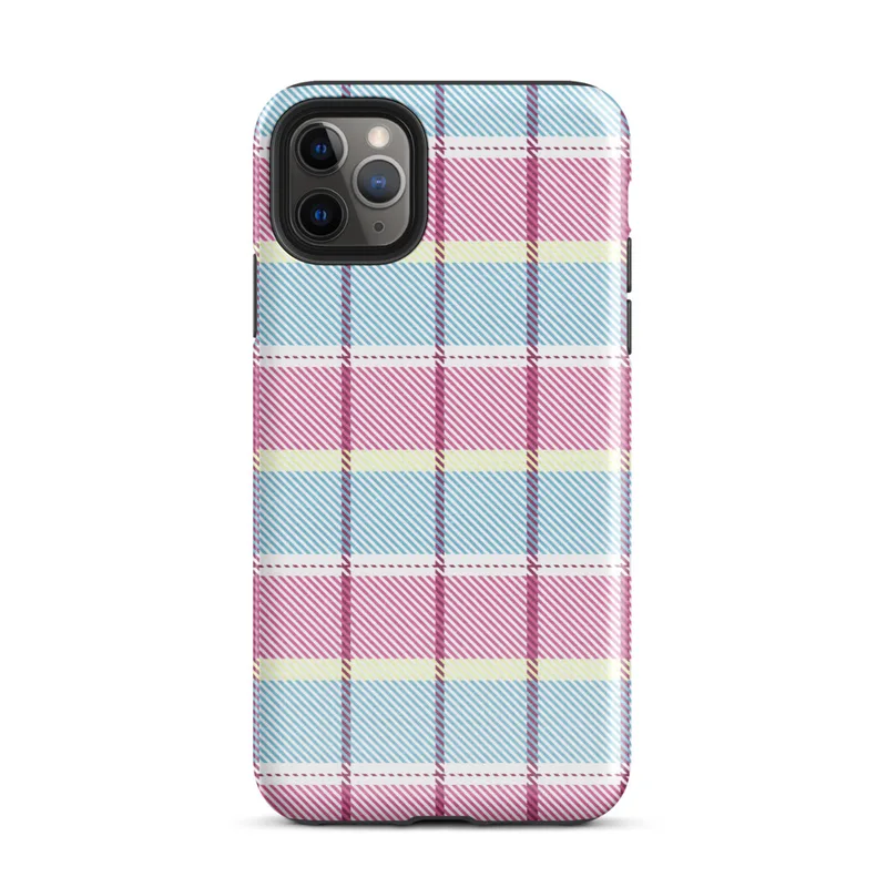 classic tartan plaid pattern in pastel sky blue, pale yellow, and bold magenta pink with fine diagonal hatching on a white background on Glossy Pastel Plaid Preppy Tough Case for iPhone - default view