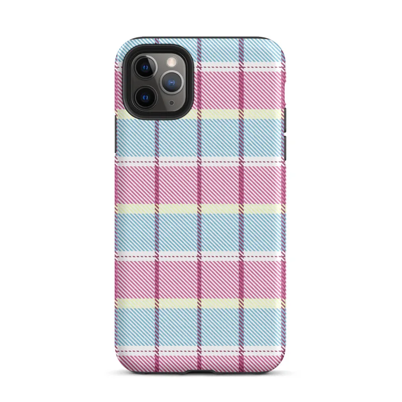 classic tartan plaid pattern in pastel sky blue, pale yellow, and bold magenta pink with fine diagonal hatching on a white background on Matte Pastel Plaid Preppy Tough Case for iPhone - default view