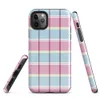 classic tartan plaid pattern in pastel sky blue, pale yellow, and bold magenta pink with fine diagonal hatching on a white background on Glossy Pastel Plaid Preppy Tough Case for iPhone - default view