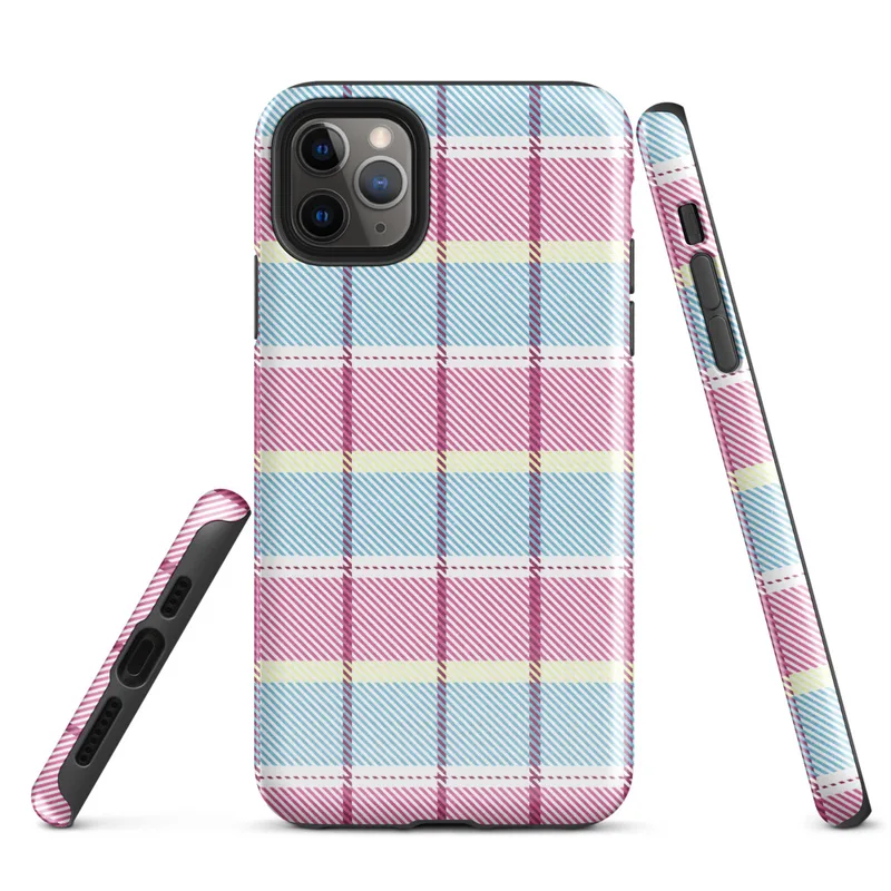 classic tartan plaid pattern in pastel sky blue, pale yellow, and bold magenta pink with fine diagonal hatching on a white background on Glossy Pastel Plaid Preppy Tough Case for iPhone - default view