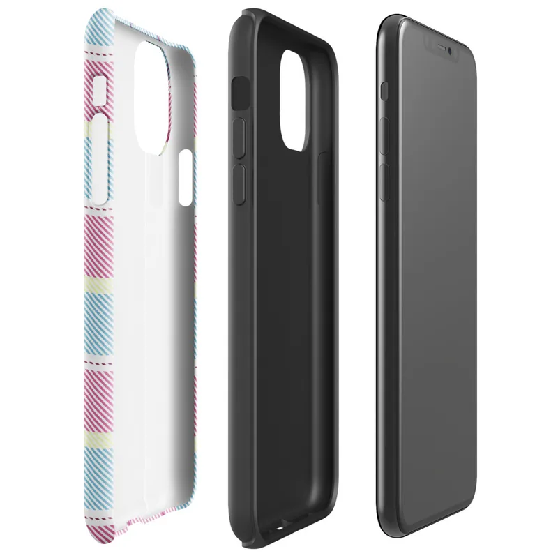 classic tartan plaid pattern in pastel sky blue, pale yellow, and bold magenta pink with fine diagonal hatching on a white background on Glossy Pastel Plaid Preppy Tough Case for iPhone - default view