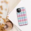 classic tartan plaid pattern in pastel sky blue, pale yellow, and bold magenta pink with fine diagonal hatching on a white background on Glossy Pastel Plaid Preppy Tough Case for iPhone - default view